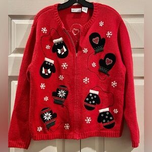 Women's Croft & Barrow Ugly Christmas Embroidered M Red Cardigan Mittens Sweater